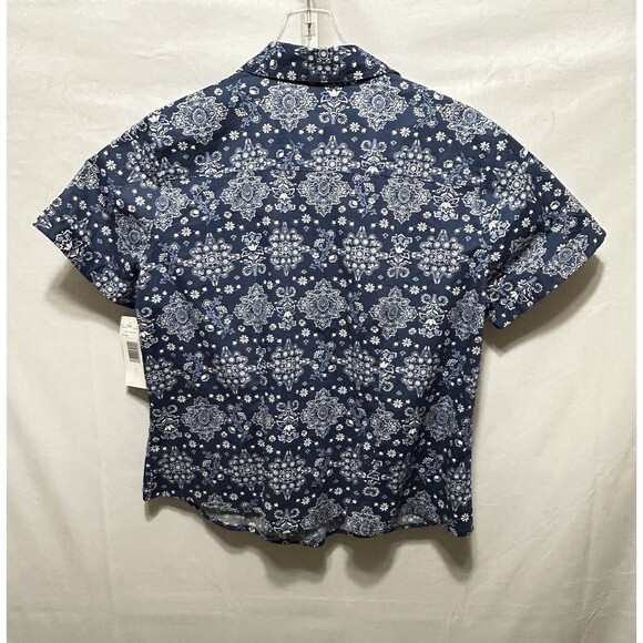Villager Sport Woman Size 1 Stretch Short Sleeve Blue Floral Top NWT - Picture 10 of 11